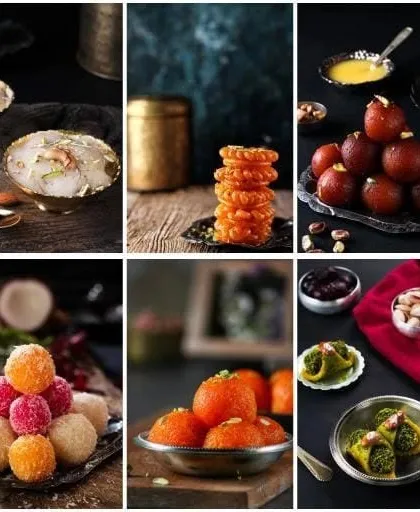 A collection of my most loved sweets. This collage showcases the vibrant colours and rich textures of my mithai, including Gulab Jamun, Jalebi, and Coconut Laddoos.