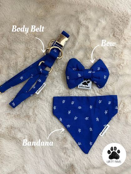 A vibrant blue set featuring a body belt, bandana, and bow. This shows how you can mix and match different accessory types in the same print.