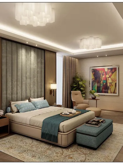 This bedroom design is inspired by abstract art, featuring a playful yet sophisticated color palette. A plush, channel-tufted headboard, sleek gold fittings, and a comfortable ottoman create a space that is both stylish and inviting.
