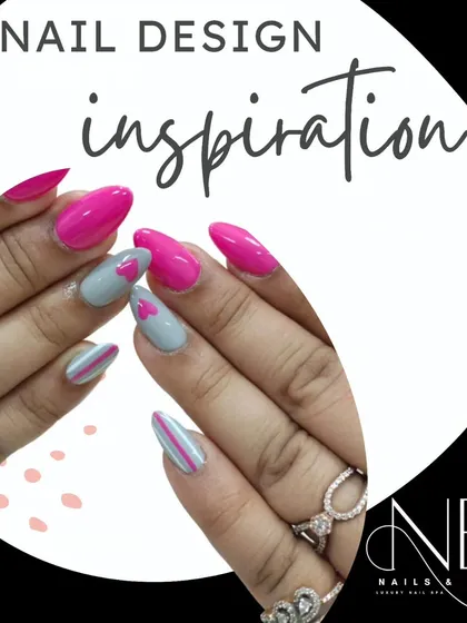 We're always looking for new nail design inspiration. This playful pink and blue set with chrome and heart details is a perfect example of our creative process.