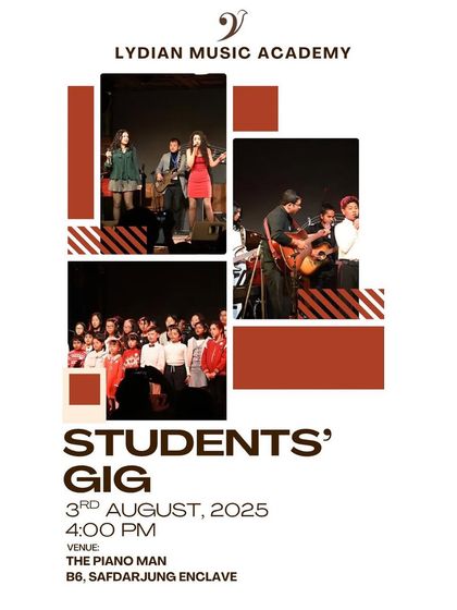 The announcement for our Students' Gig at The Piano Man. We regularly secure these opportunities to give our students invaluable real-world stage experience.