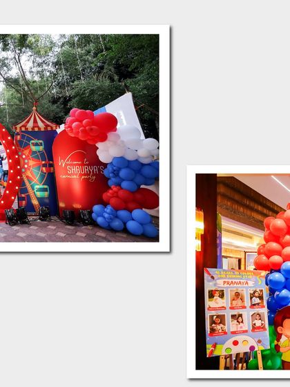 Details matter! This image shows a personalized welcome board with photos of the birthday boy, adding a personal touch to the carnival-themed entrance decor.