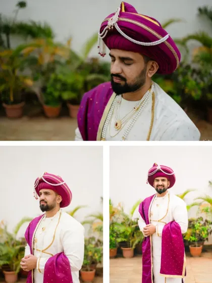 A series of portraits capturing the groom in his traditional Maharashtrian wedding attire, complete with a royal turban, looking ready for his big day.