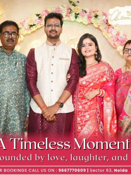 We love being a part of your family's timeless moments. This portrait of a couple with their parents during an engagement ceremony shows how our venue provides a warm and welcoming space for families to celebrate together.