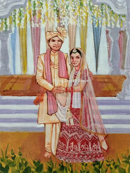 A close-up detail of the couple in the live wedding painting. I focus on capturing their traditional attire and the connection between them during the ceremony.