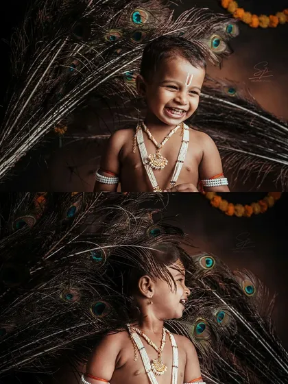 A series of expressive portraits from the little Krishna shoot. The top image shows a big, toothy grin, while the bottom captures a more candid, laughing profile, showcasing the dynamic range of emotions I aim to capture.