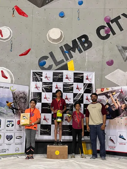 The podium for the Under 12 Girls at the Kids Climbing Championship Vol. 3. Congratulations to Meera, Gauri, and Shayna on their fantastic performance.