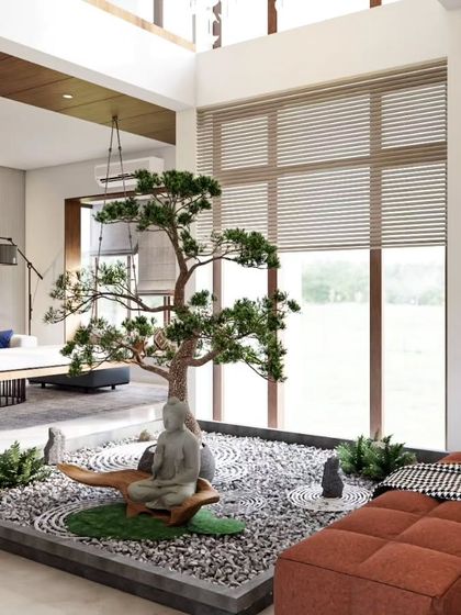 A concept for a residence off Sarjapur Road, featuring a sculptural Buddha court with a Bonsai tree separating the formal and informal living areas. This creates a tranquil centerpiece for the home.