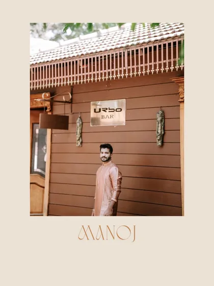 A cool and casual groom portrait from a pre-wedding event. His simple yet stylish kurta and the rustic background create a relaxed and happy vibe.