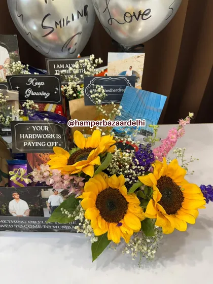 We added a bouquet of fresh sunflowers to this Groom To Be Hamper to add a touch of brightness and joy.