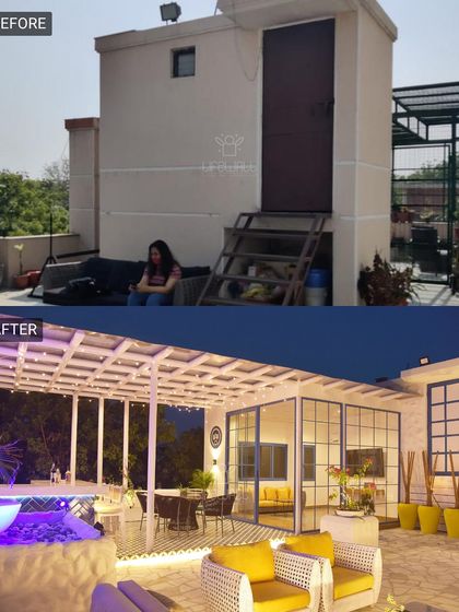 This transformation included adding a full porta cabin and a pergola. The before shot shows a simple storage room, which we turned into a beautiful glass-walled lounge.