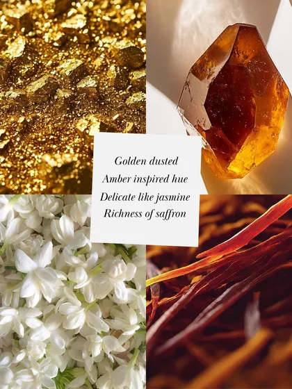 The Golden Hour candle was born from a feeling. This mood board shows the inspiration: golden dusted amber, delicate jasmine, and the richness of saffron, all coming together to translate light into fragrance and time into memory.