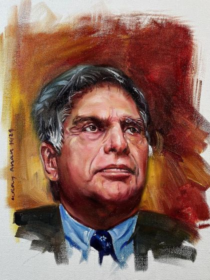 The final oil portrait of Sir Ratan Tata. The loose, expressive brushwork in the background contrasts with the detailed realism of his face, creating a dynamic composition.