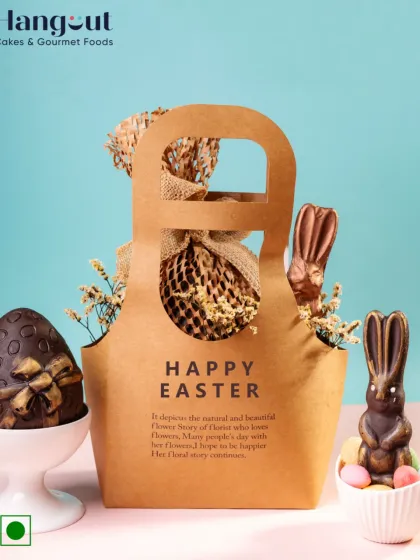 This eco-friendly, handmade Easter hamper brings festive joy in every detail. The bag holds a large chocolate egg and chocolate bunnies, making it a wonderful and sustainable gift choice.