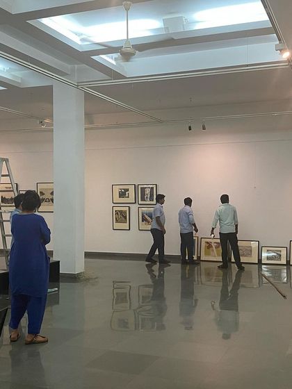 A full view of the gallery space during the setup for the 'Hand Prints' exhibition.