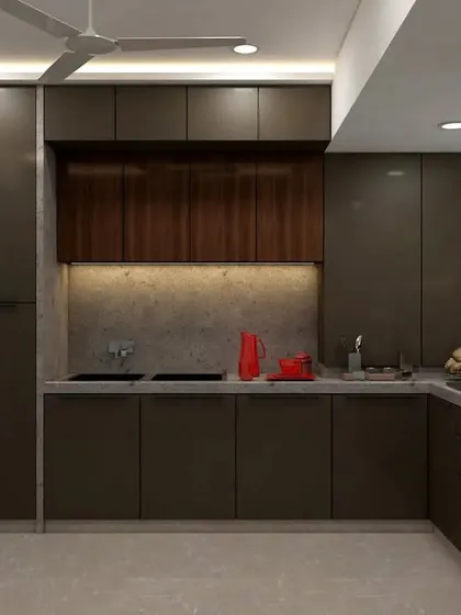 A 3D concept for a luxurious U-shaped kitchen with dark brown and wood-finish cabinets. The design focuses on creating a warm, sophisticated ambiance with under-cabinet and ceiling cove lighting.