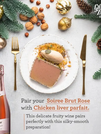 The delicate, fruity notes of our Soirée Brut Rosé pair perfectly with a silky-smooth chicken liver parfait. This is an elegant and sophisticated starter for any special occasion.
