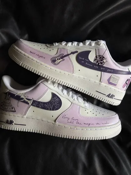 For the Swifties, these custom Nike Air Force 1s are inspired by Taylor Swift's "Speak Now" album, featuring iconic lyrics and symbols in a lavender and purple palette.
