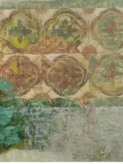 A detail of the background from "In her own search," showing the textured wall and patterns.