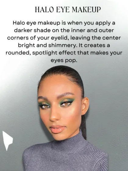What is a halo eye? This technique involves placing a darker eyeshadow on the inner and outer corners of the eyelid to make the bright, shimmery center pop. It creates a beautiful, rounded spotlight effect.