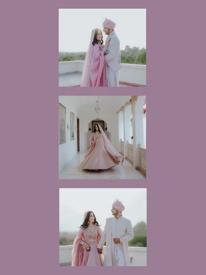 A collage showcasing different moments from a royal pastel-themed shoot. It includes a beautiful twirling shot of the bride, a walking portrait of the couple, and an intimate glance.