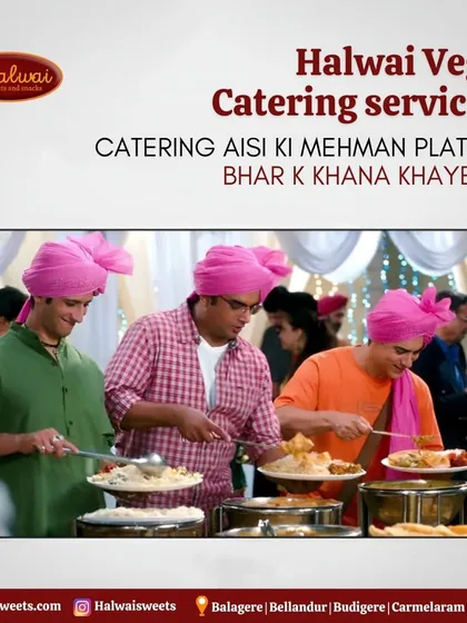 We believe in catering that makes your guests feel cherished. This image of guests enjoying our wedding buffet, complete with traditional pink turbans, captures the joy and satisfaction we aim to provide.