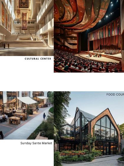 Mood board images for the "LONE LUNG SPACE" project, showing precedents for a cultural center, food court, and Sunday market. This illustrates the project's aim to create a vibrant, multi-functional community hub.