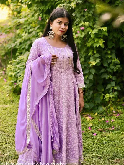 In this shot from the same outdoor session, I captured a fuller view of the flowing Anarkali and dupatta. This type of photo is great for showing off the complete outfit for a pre-wedding or festive event lookbook.