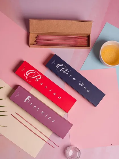 Our 'Passion', 'Warm Hug', and 'First Kiss' incense collections are made with unique fragrances and organic ingredients. They offer a moment of peace and reflection in your busy life.