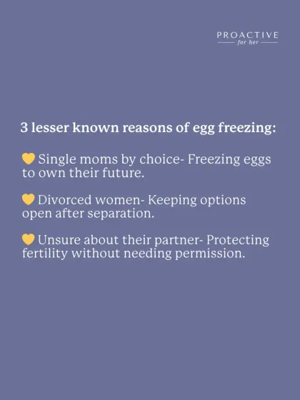 Here are three lesser-known reasons women choose egg freezing. It empowers single moms by choice, gives divorced women options after a separation, and allows women who are unsure about their partner to protect their fertility without needing permission.