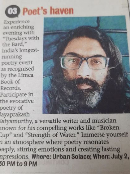 "Poet's haven," a wonderful headline in the Bangalore Mirror for our event with the versatile writer and musician Jayaprakash Satyamurthy.