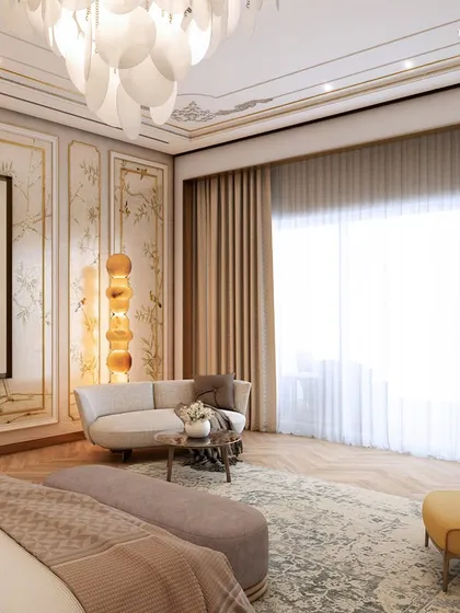 Another angle of the Parisian-style primary suite, highlighting the sitting area with its curved sofa and stunning sea views. Every corner tells a story of refined taste and bespoke design, with meticulously curated artworks framing the space.
