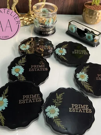 I also offer professional and corporate gifting solutions. This custom set, featuring a pen stand, card holder, and matching coasters with a company logo, is a great way to elevate a workspace or thank a valued client.