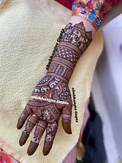 This is a classic Indian mehndi design, rich with traditional elements. The forearm features a procession of elephants under temple domes, while the hand is covered in floral and paisley patterns.