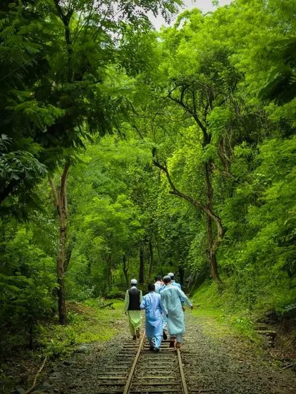 A group of people walks along the toy train tracks running through the lush green forest of Sanjay Gandhi National Park in Mumbai. It shows a different, greener side of the city.