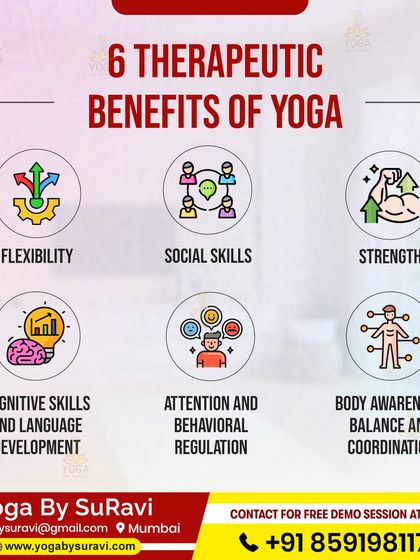 This infographic highlights six therapeutic benefits of yoga, including improved flexibility, strength, cognitive skills, and body awareness.
