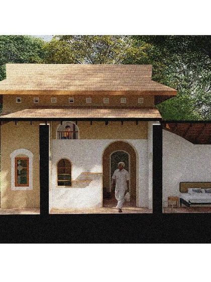 A sectional render showing the simple, functional layout of the mud house. The design connects the living spaces to the outdoors and uses natural materials to create a comfortable and healthy indoor environment.