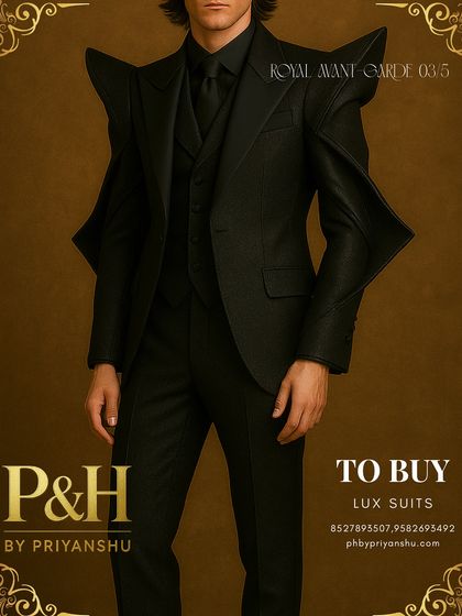 A detailed shot focusing on the upper body of the black avant-garde suit. The texture of the fabric and the subtle sheen on the sculptural elements are visible, showcasing the depth of the design.