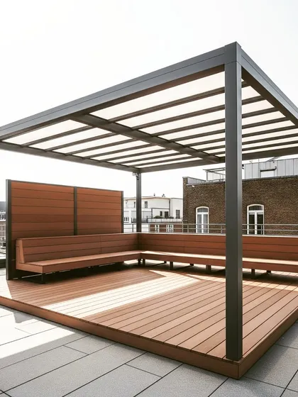 A minimalist and modern rooftop deck. The space is defined by a sleek metal pergola with a composite wood floor and matching built-in benches, creating a clean and highly functional area for commercial or residential use.