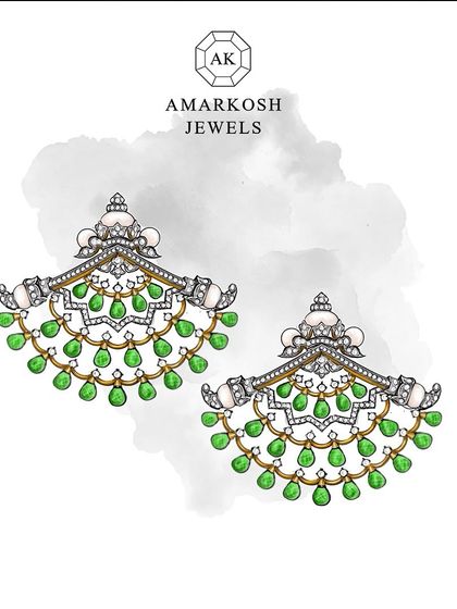 A glimpse into the design phase. This sketch of fan-shaped earrings, detailed with diamonds, pearls, and emeralds, shows how we plan every element before the crafting begins, ensuring a flawless result.