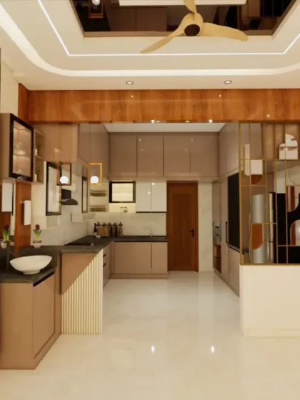 A view of a kitchen and dining area, showing a crockery unit and a wash basin integrated into a single, cohesive piece of furniture.