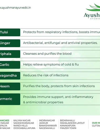 This chart lists some of the most powerful herbs in Ayurveda and their benefits. From Tulsi for respiratory health to Ashwagandha for reducing infection risk, this is a quick guide to nature's pharmacy.