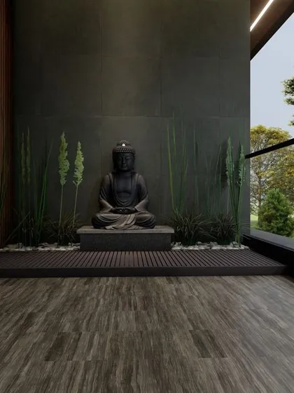 I believe in creating peaceful corners in every home. This balcony features a tranquil Buddha statue and a vertical garden, designed to be a perfect spot for meditation and relaxation.