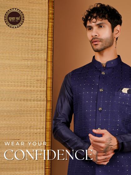 Wear your confidence. A navy blue embroidered Nehru jacket paired with a matching kurta, exuding a quiet and powerful confidence.