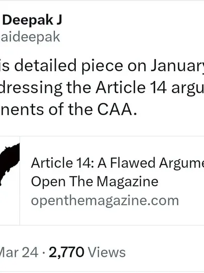 A piece I wrote in 2020 for Open The Magazine, addressing the flawed Article 14 argument used by opponents of the Citizenship Amendment Act (CAA).