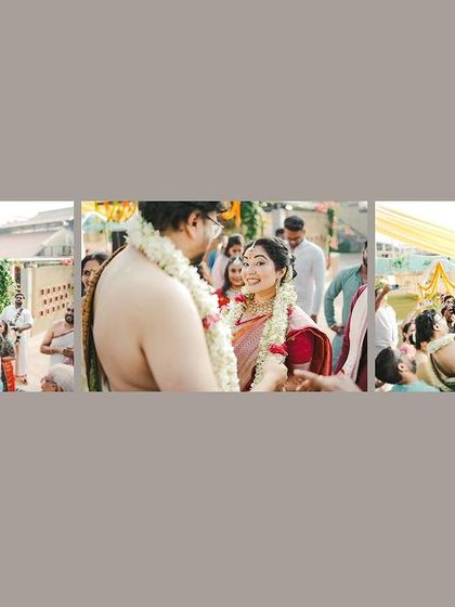 A panoramic view of the wedding ceremony, capturing the couple in a moment of quiet connection amidst the festivities.