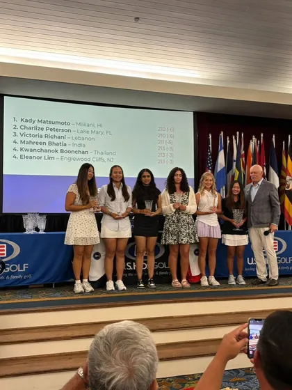 Mahreen Bhatia on stage with other top finishers at the US Kids World Teen Championships awards ceremony.