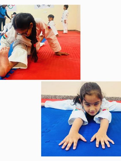 Our students work on their flexibility, a critical component of Taekwondo that allows for higher, more powerful kicks.