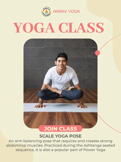 This image showcases Tolasana (Scale Pose), an arm-balancing posture that builds strong abdominal muscles. It highlights its importance in both Ashtanga and Power Yoga sequences.