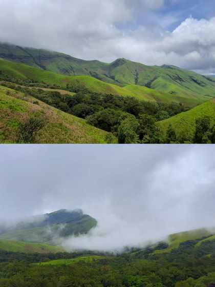 Two views from the Kudremukha trek. One shows the clear, rolling green hills, and the other shows the peak shrouded in mist. You never know what view the mountain will give you.